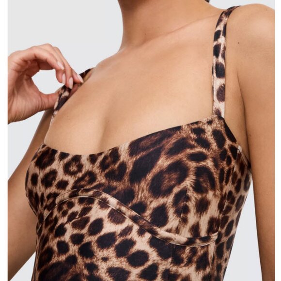 NWT Womens Good American  Fierce Leopard Print Sweetheart Satin Thong Bodysuit S - Picture 2 of 9